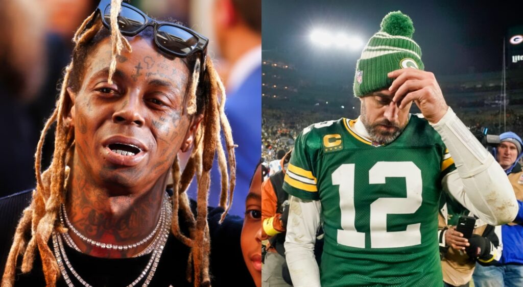 Lil Wayne with sunglasses on his forehead while picture shows Aaron Rodgers with head down and no helmet  on