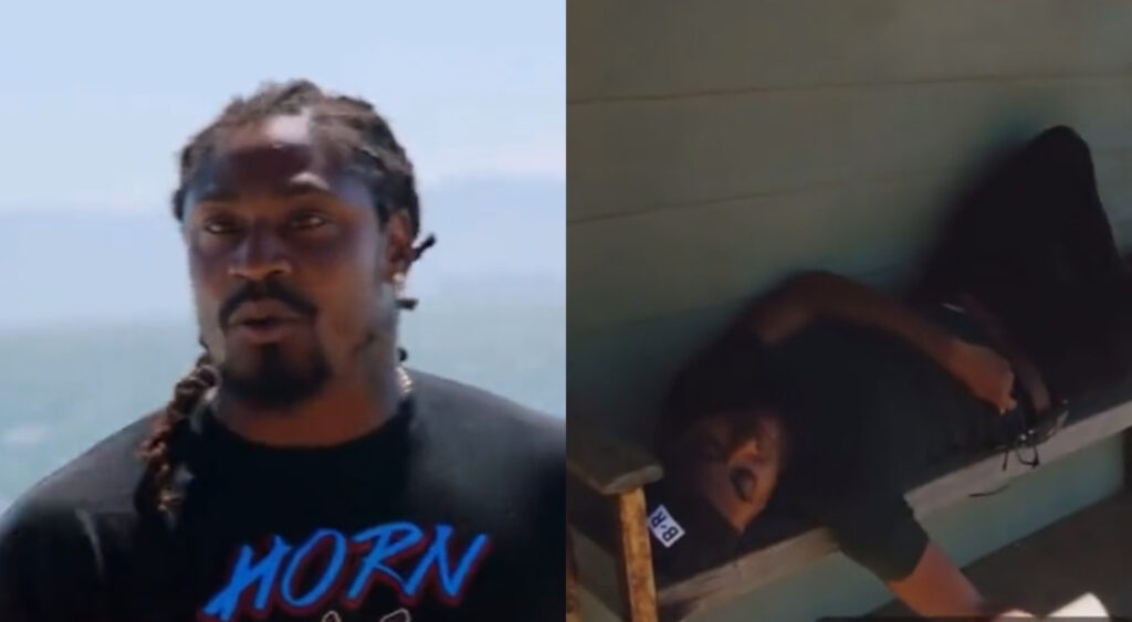 Marshawn Lynch on beach while picture shows camera crew member laying on bench