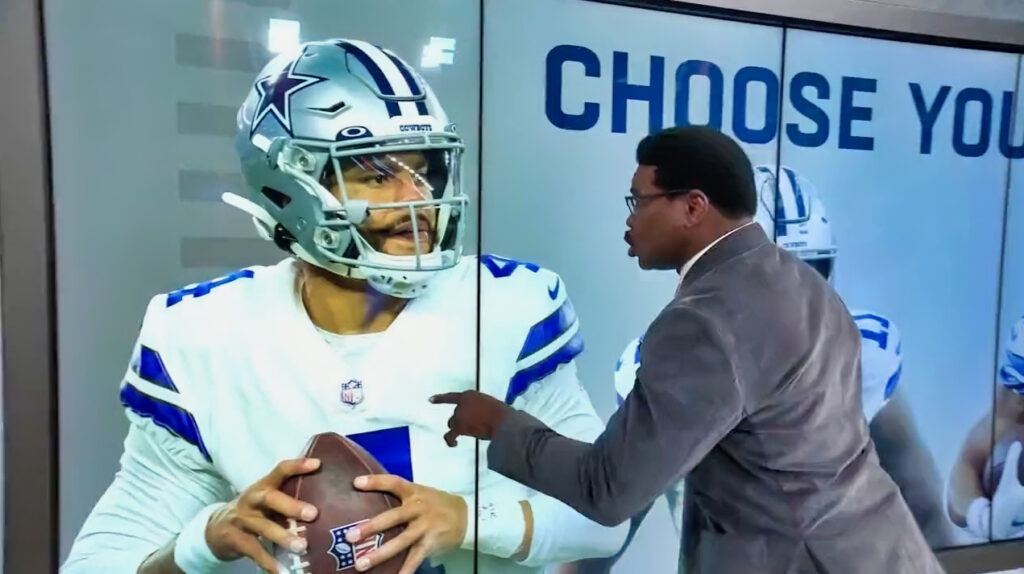 Dallas Cowboys legend Michael Irvin giving a "pep talk" on the NFL Network set.