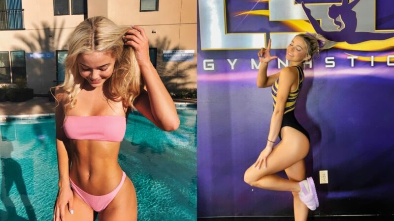 Olivia Dunne posing in pink while other picture shows her posing in leotard