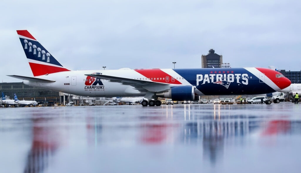 New England Patriots plane delivering masks to Logan International Airport.