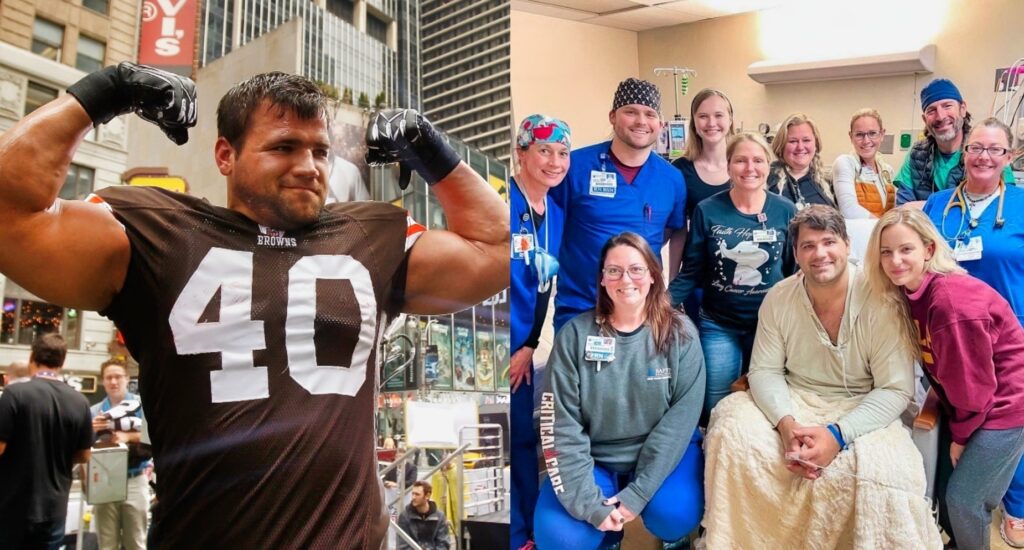 Split image of Peyton Hillis flexing and Hillis with his wife and the medical team that saved his life.