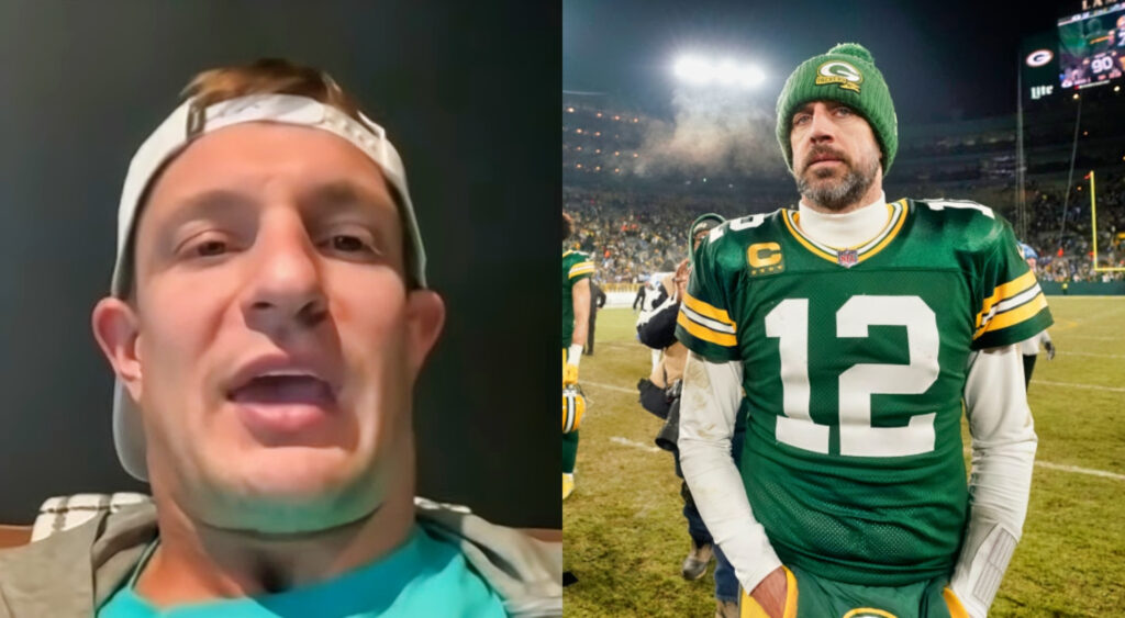 Rob Gronkowski with a backwards cap on while picture shows Aaron Rodgers with no helmet on