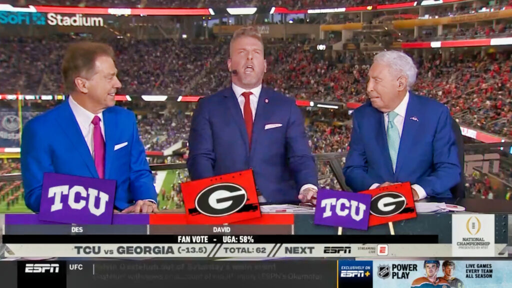 Nick Saban (left) Pat McAfee (center) and Lee Corso (right) during ESPN national championship pre-game show.
