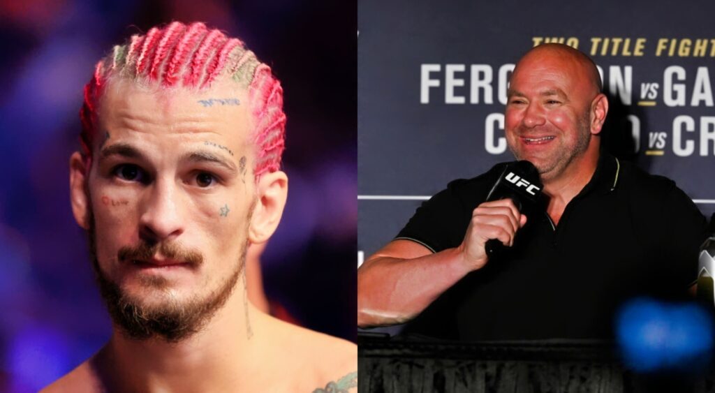 Sean O’Malley shirtless with pink cornrows while Dana White holds mic and smiles