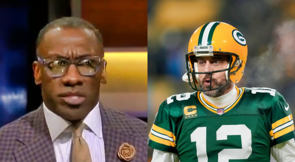 Shannon Sharpe in a suit while picture shows Aaron Rodgers in uniform