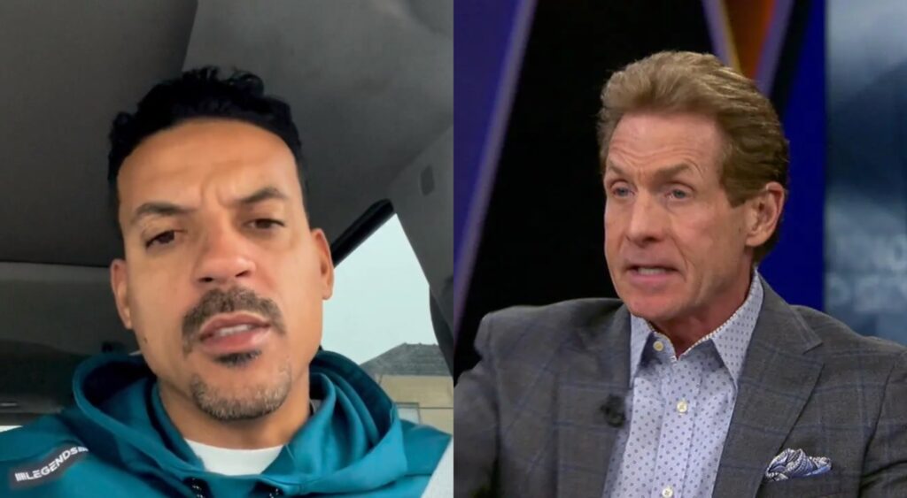 Matt Barnes in a hoodie sitting in his car while picture shows skip bayless wearing suit on show