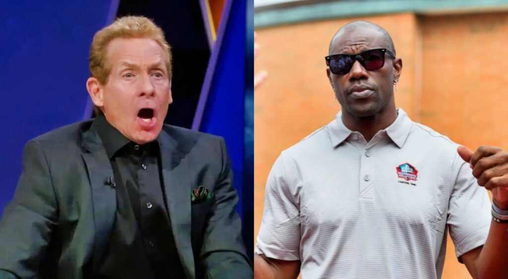 Terrell Owens in HOF shirt while picture shows Skip Bayless screaming