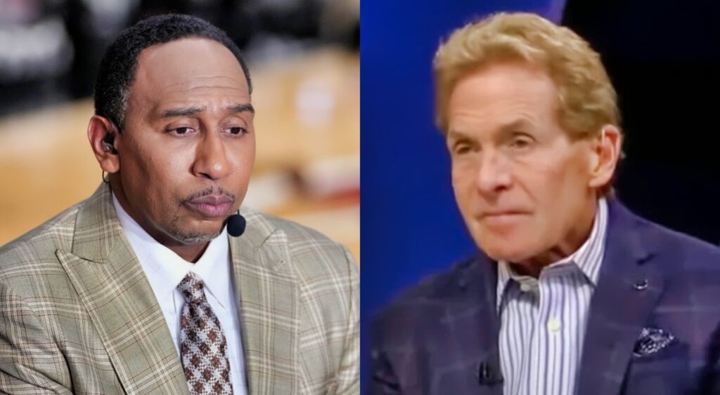 Stephen A. Smith in a tan suit with a mic around his face while picture shows Skip Bayless in a blue suit