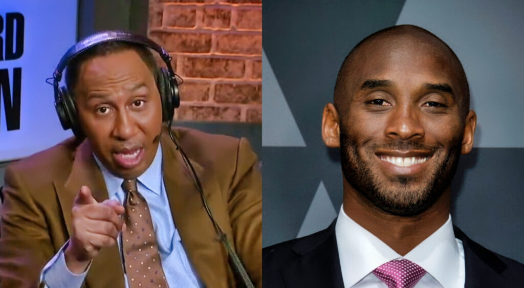 Stephen A. Smith pointing while picture shows Kobe smiling