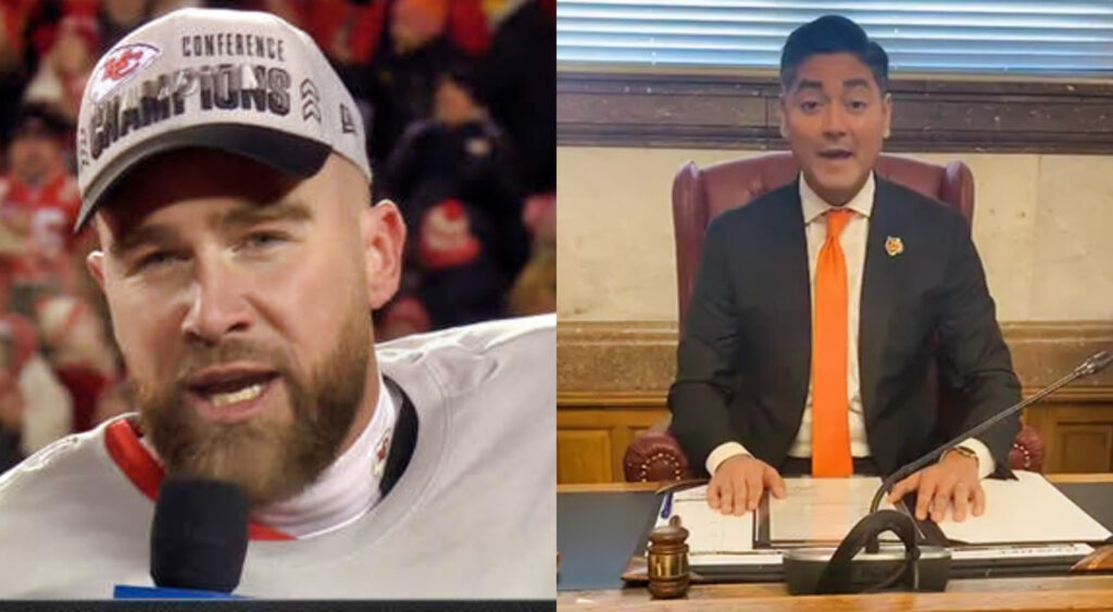 Travis Kelce speaking into mic while picture shows Cincinnati Mayor at his desk