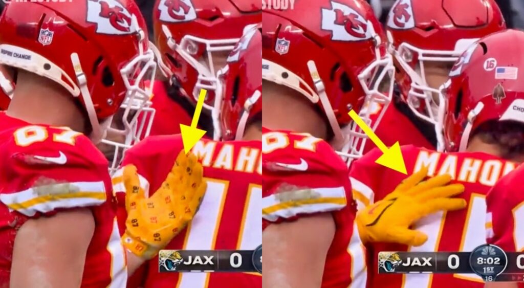 Travis kelce wipes his spit on the back of patrick mahomes' jersey