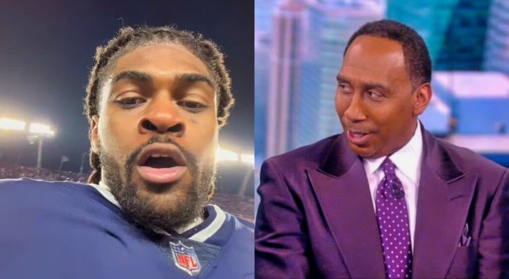 Stephen A. Smith in purple suit and Trevon Diggs without helmet on