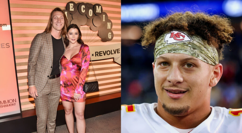 Picture shows Trevor Lawrence and wife posing while Patrick Mahomes smiles