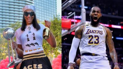 Photo of A'Ja Wilson celebrating championsip win and photo of LeBron James screaming