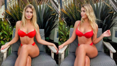 Two photos of Andreea Dragoi posing in a chair while wearing a red bikini