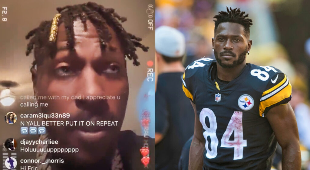 Antonio Brown on IG live and him in a Steelers uniform