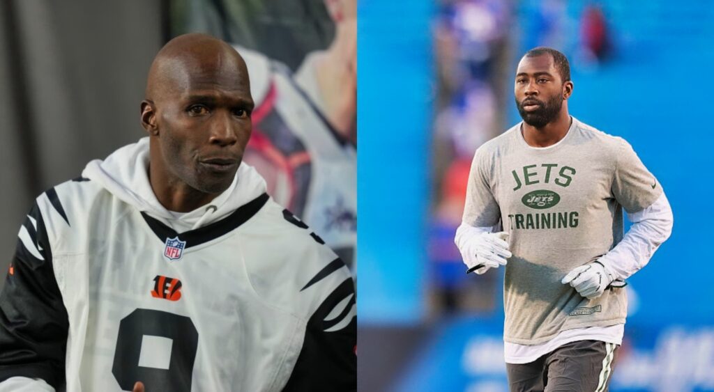 Chad Ochocinco in Bengals Jersey and Darrelle Revis warming up on field in jets gear