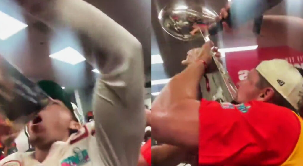 Two photos of Chiefs players drinking off the Lombardi Trophy