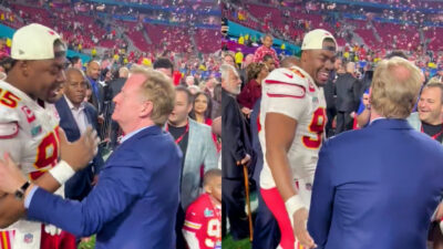 Two photos of Chris Jones and Roger Goodell interacting after Super Bowl 57