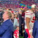 Two photos of Chris Jones and Roger Goodell interacting after Super Bowl 57