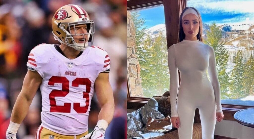 Christian McCaffrey in uniform while picture shows Olivia Culpo in white catsuit