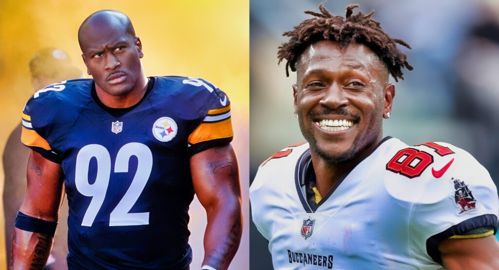 Former Pittsburgh Steelers linebacker James Harrison looking on (left). Antonio Brown smiling on the field (right).