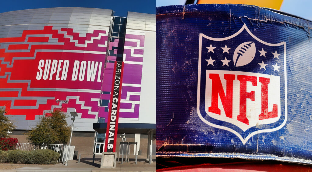 Super Bowl 57 logo on State Farm Arena (left). NFL logo shown on a goalpost (right).