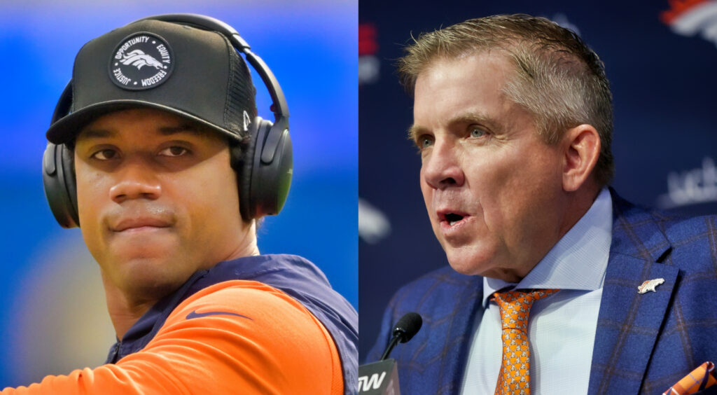 Denver Broncos quarterback Russell Wilson warming up (left). Head coach Sean Payton speaking at press conference (right).
