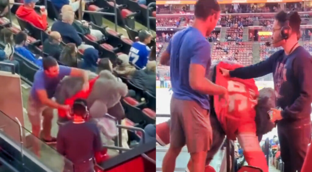 Tampa Bay Lightning fan brawling with Florida Panthers mascot (left). Another screengrab of the fight (right).