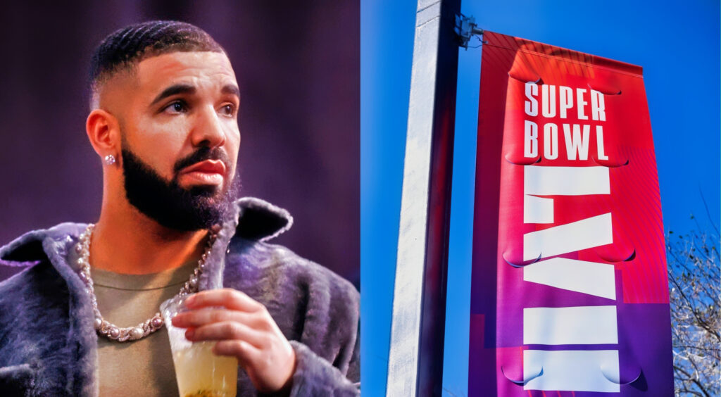 Drake looking on (left). A Super Bowl 57 banner is shown on a pole (right).