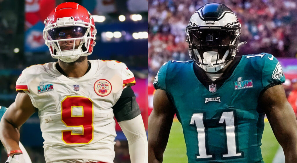 Kansas City Chiefs wide receiver JuJu Smith-Schuster looks on (left). Philadelphia Eagles wideout A.J. Brown (right).