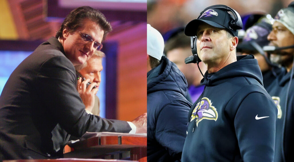 ESPN NFL analyst Mel Kiper looking on (left). Baltimore Ravens head coach John Harbaugh (right).