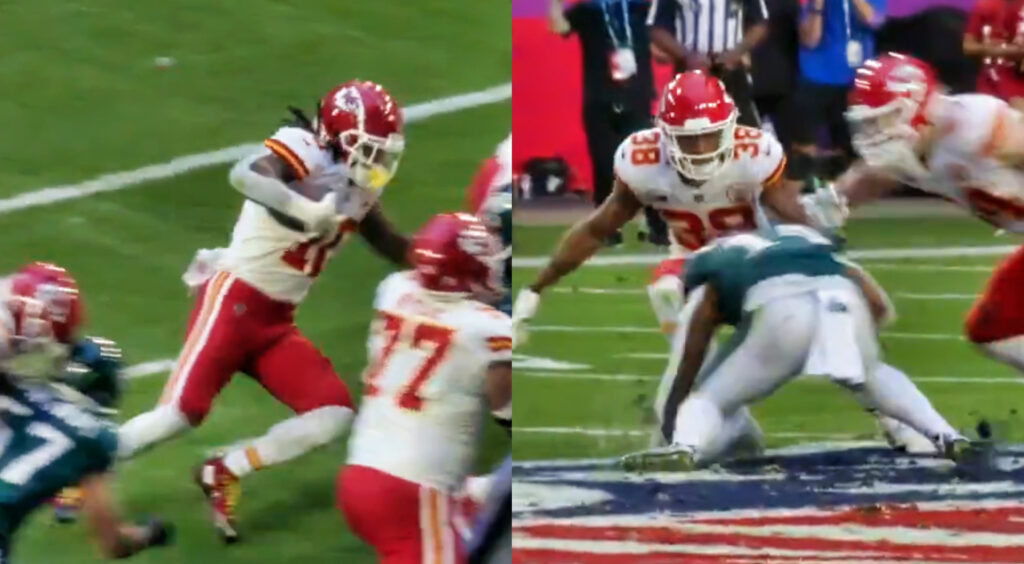 Kansas City Chiefs running back Isaiah Pacheco running with football (left). Philadelphia Eagles running back Kenneth Gainwell falling to ground (right).