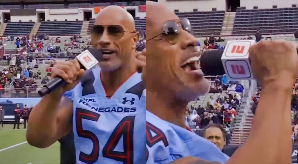 XFL co-owner Dwayne The Rock Johnson giving players before a speech (left). Johnson screaming into microphone (right).