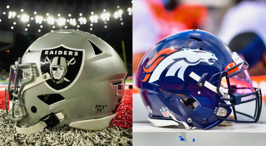 A Las Vegas Raiders helmet lying on sidelines (left). A Denver Broncos helmet set down (right).
