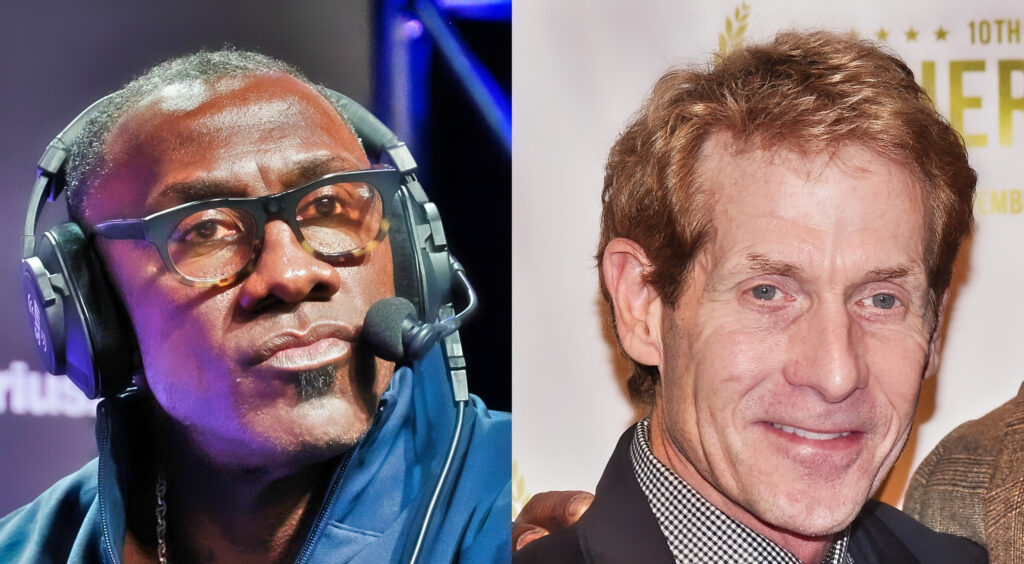 Shannon Sharpe during appearance at SiriusXM At Super Bowl 57 (left). Skip Bayless smiling for photo (right).