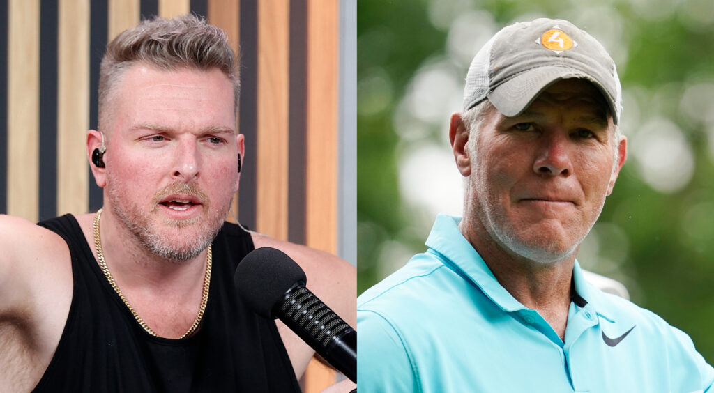 Sports personality Pat McAfee speaking on show (left). Brett Favre looking on at golf course.