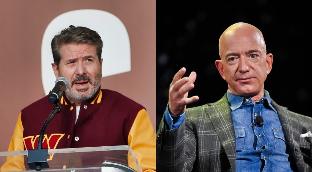 Photo of Dan Snyder speaking on podium and photo of Jeff Bezos with his hand up