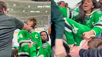 Two photos of fans fighting at a Dallas Stars game
