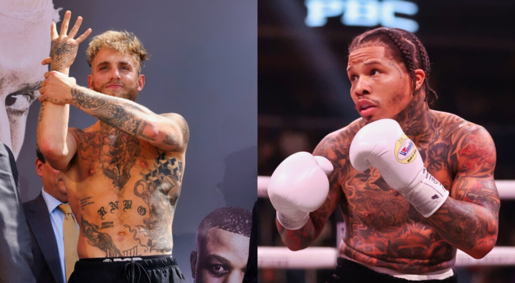 Jake Paul grabbing his hand while picture shows Gervonta Davis with boxing gloves on