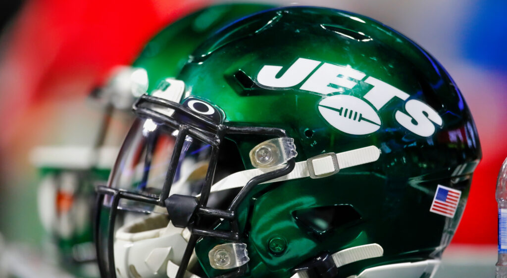 A New York Jets helmet on the sideline during a preseason game in 2019.
