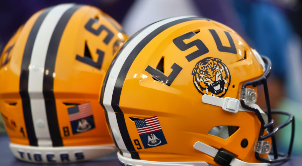 LSU Tigers helmet shown on the field before the game against Florida Gators.