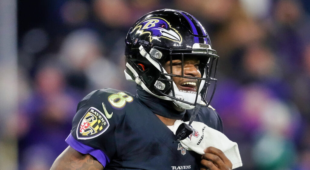 Baltimore Ravens quarterback Lamar Jackson celebrating during a 2019 game vs. the New York Jets.