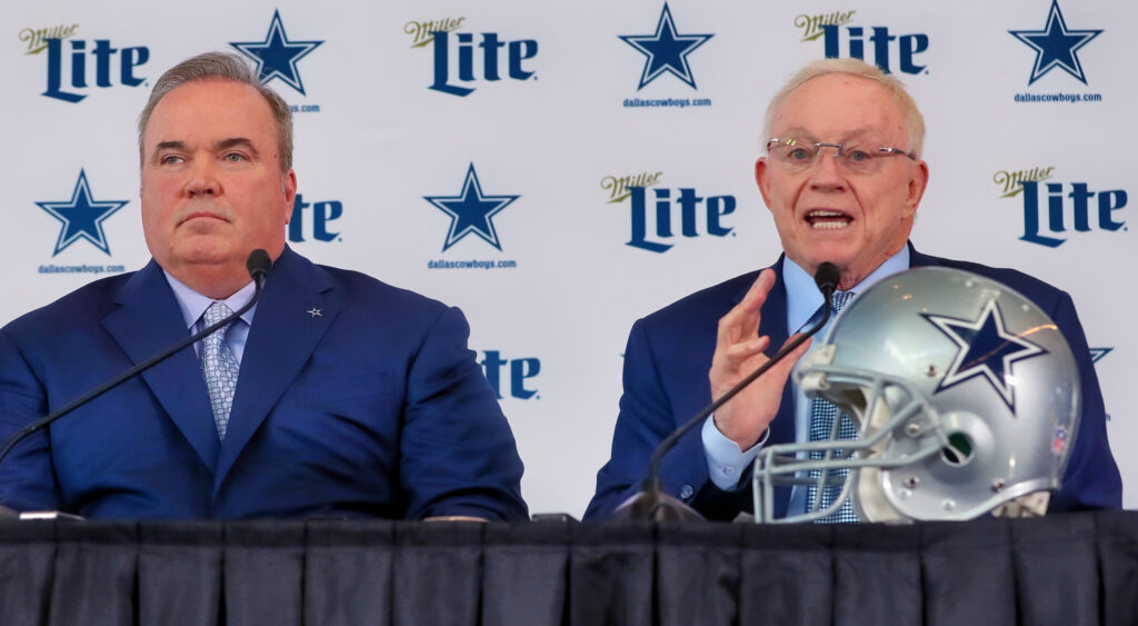 Dallas Cowboys head coach Mike McCarthy and owner Jerry Jones at a 2020 press conference.