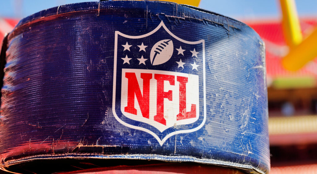 Logo of the NFL on a goal post at the AFC Championship Game at Arrowhead Stadiun.