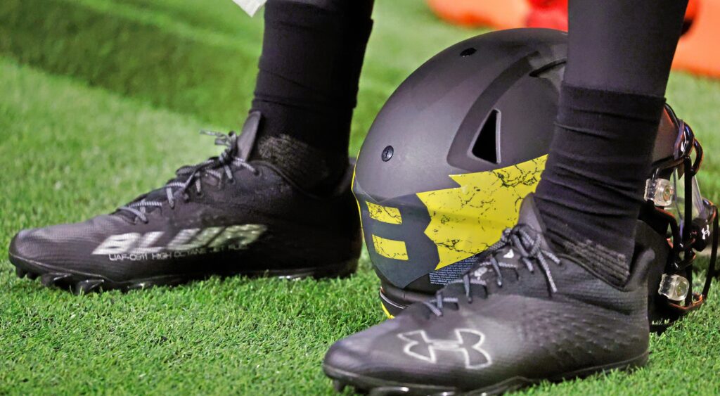 San Antonio Brahmas helmet on ground by player's feet