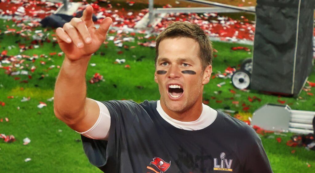 Tom Brady yells to the crowd after winning the Super Bowl.