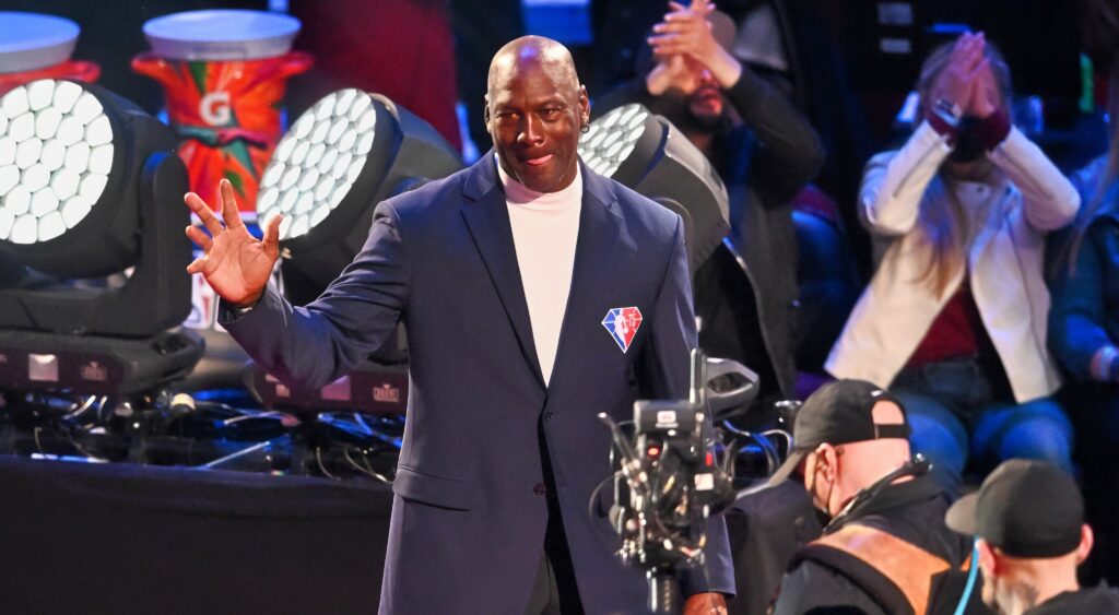 Michael Jordan waves to the crowd during the 2022 NBA All-Star Game