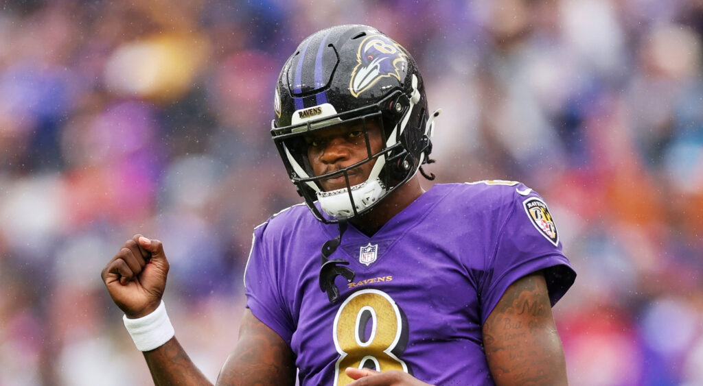 Baltimore Ravens quarterback Lamar Jackson celebrating after a J.K. Dobbins touchdown.